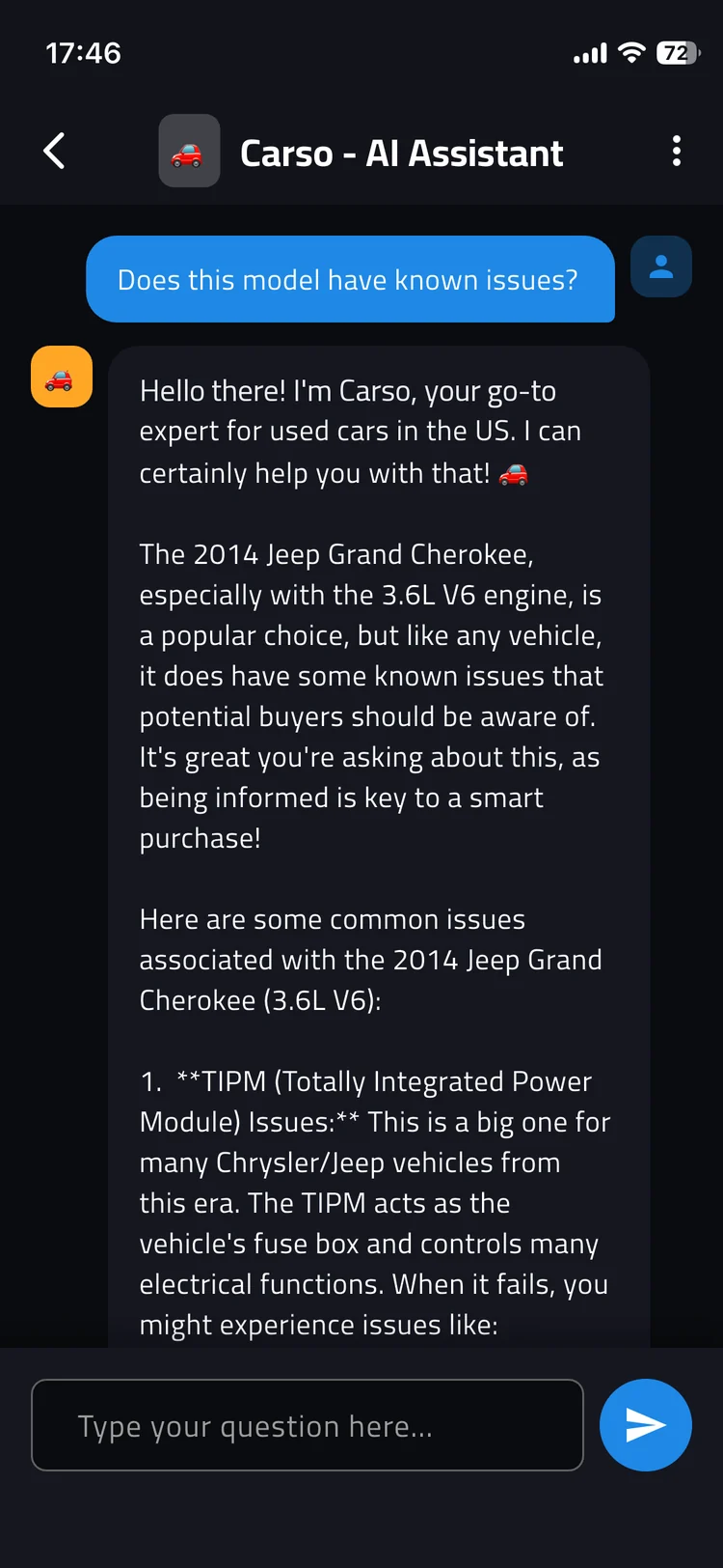 Chat with Carso answering whether the 2014 Grand Cherokee has known issues