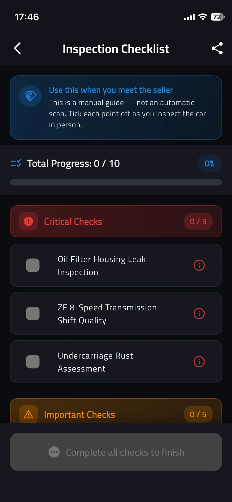 Inspection checklist with critical and important checks