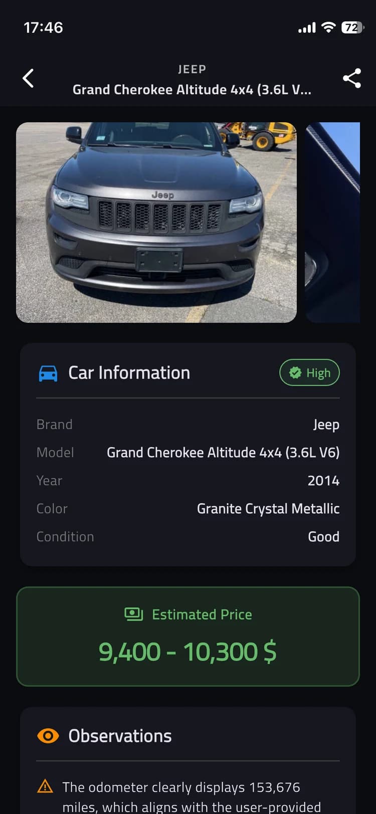 Car information identified from photos: Jeep Grand Cherokee Altitude, 2014, good condition