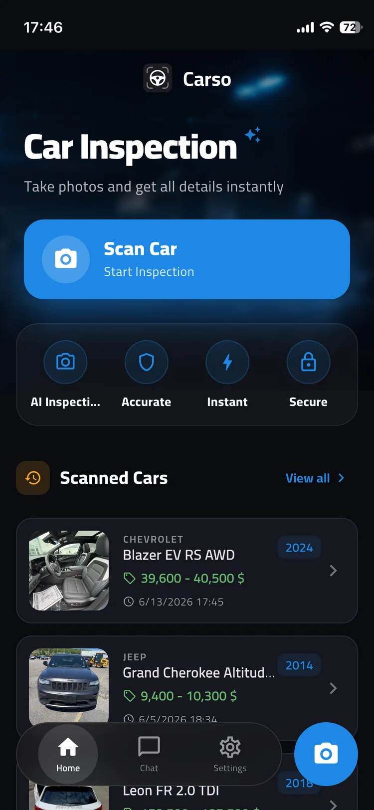 Carso home screen with the Scan Car button and recently scanned cars